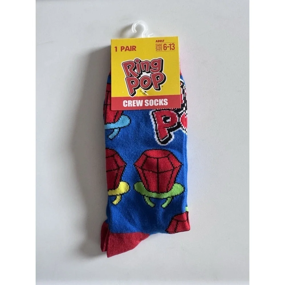 Ring Pop Adult Size 6-13 Blue Red Candy Fun Graphic Novelty Crew Socks 1 Pack